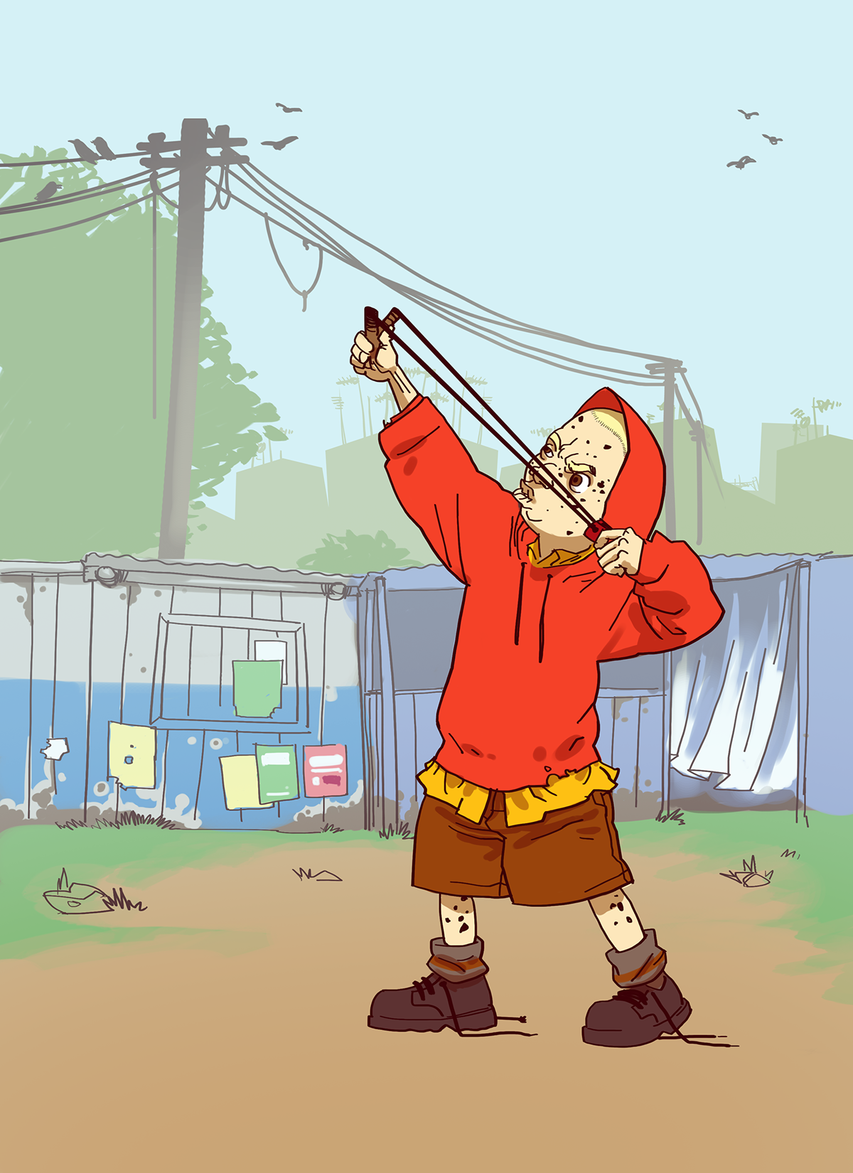 Albino boy playing with a catapult in Dunamis comic