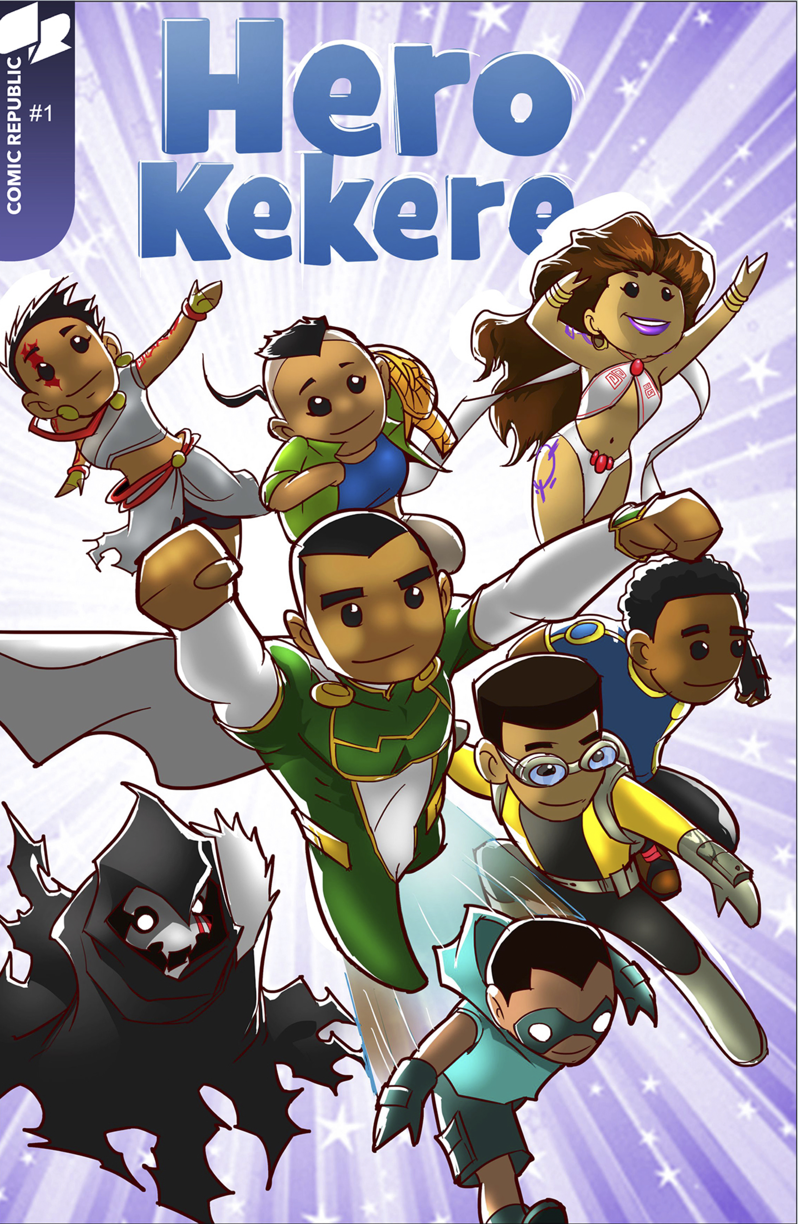 Hero Kekere comic cover, showcasing cute, child like versions of Comic Republic's heroes roster. 