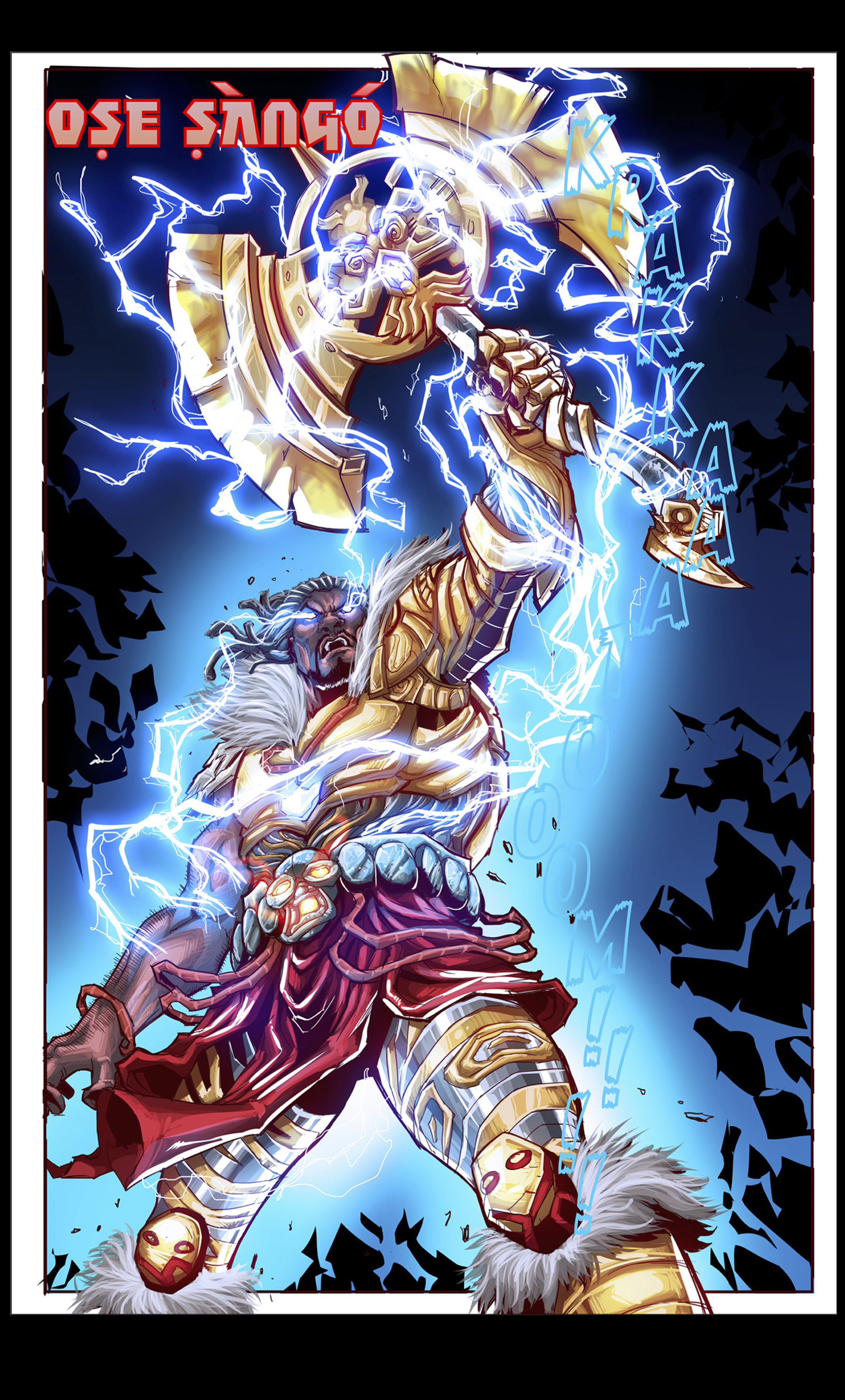 Awesome Page from Visionary Ascension comic where Sango displays his full power by bringing out his lightning axe, and clad in golden armor