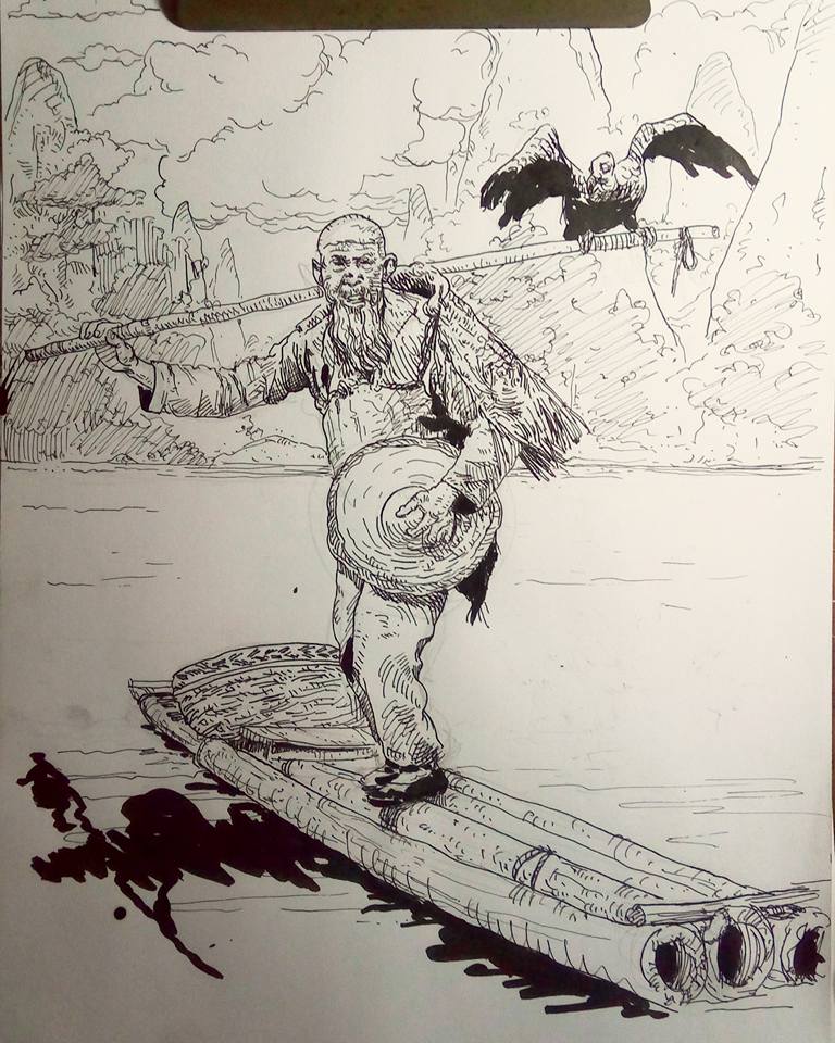 Pencil sketch of an old fisherman in a boat on a river, holding a long stick behind his back with a bird perched on it.  Kofi Ofosu's 2016 Inktober submission. 