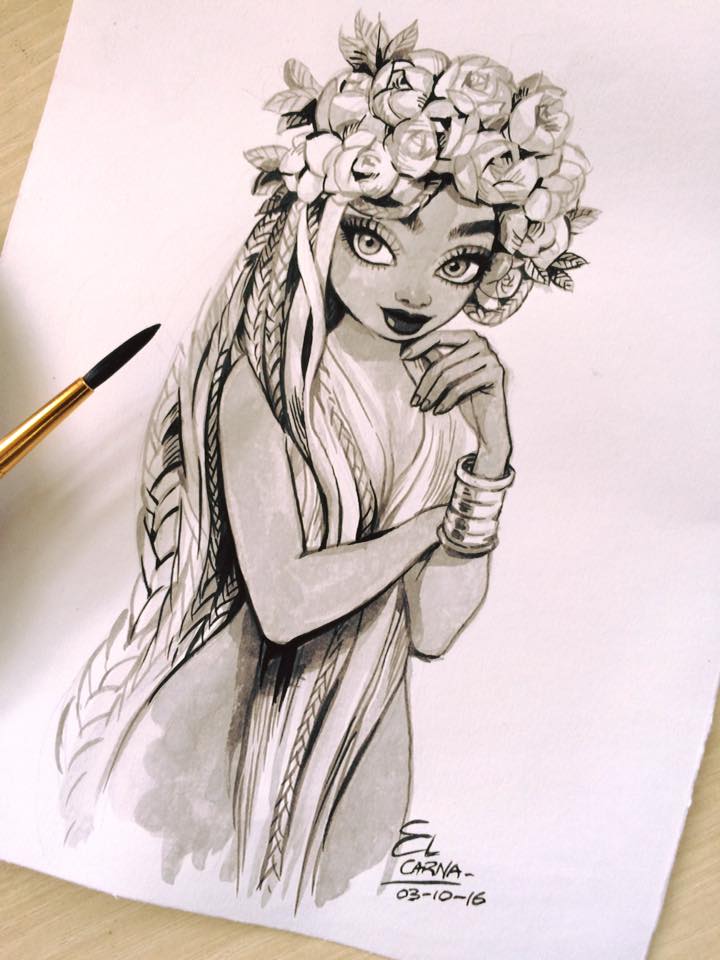 Sketch of a beautiful lady with long hair and flowers in her head. Untitled by El Carna