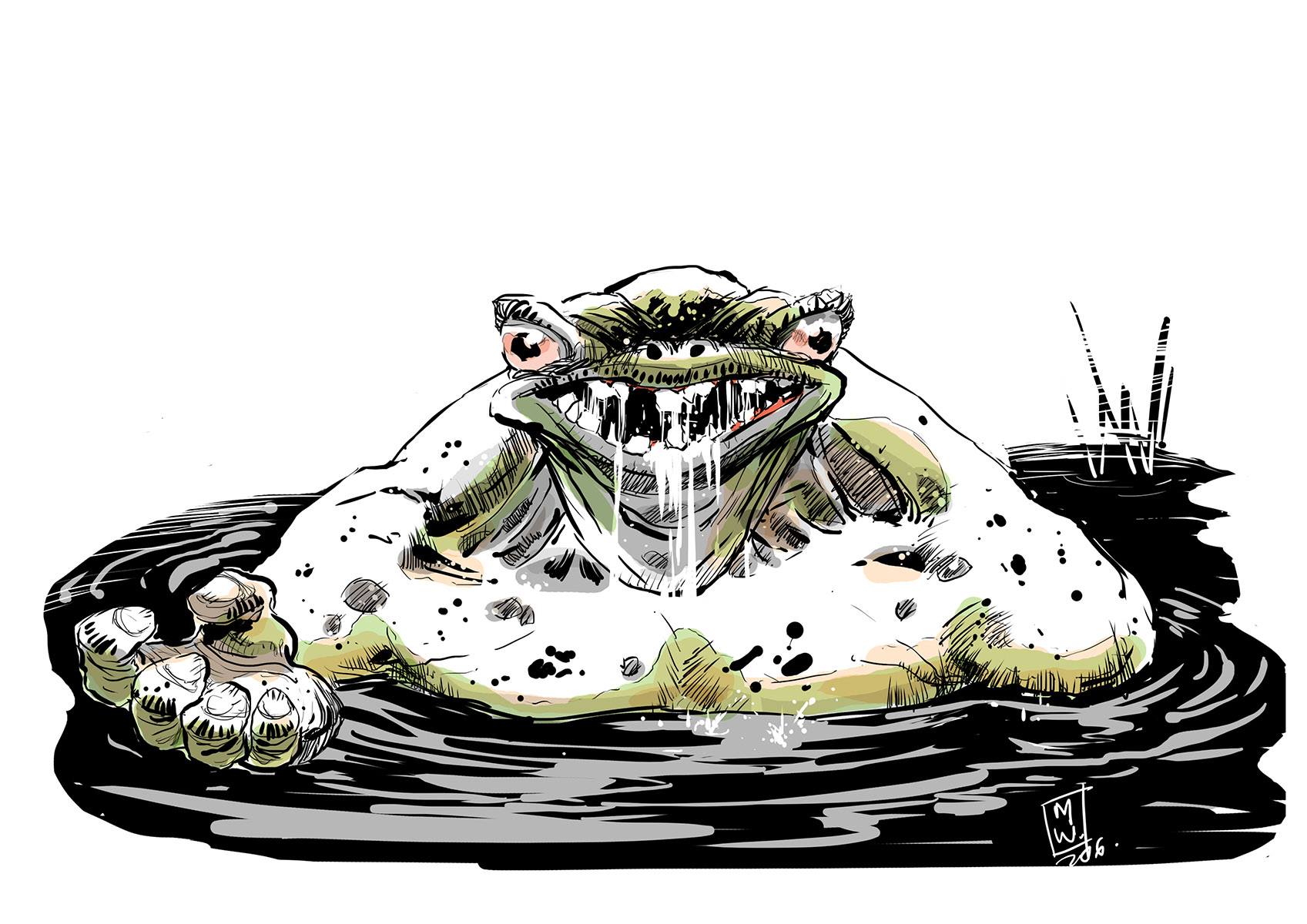 Sketch of a scary, muscular toad peering out of water. The Toad Thing by Movin Were