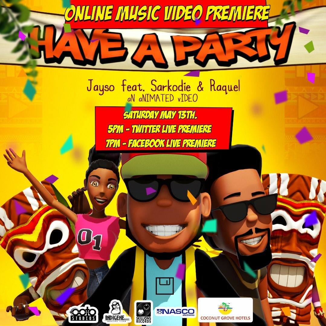 Poster announcing the online premiere of Jayso's Have a Party animated video created by Toby Svanekiaer