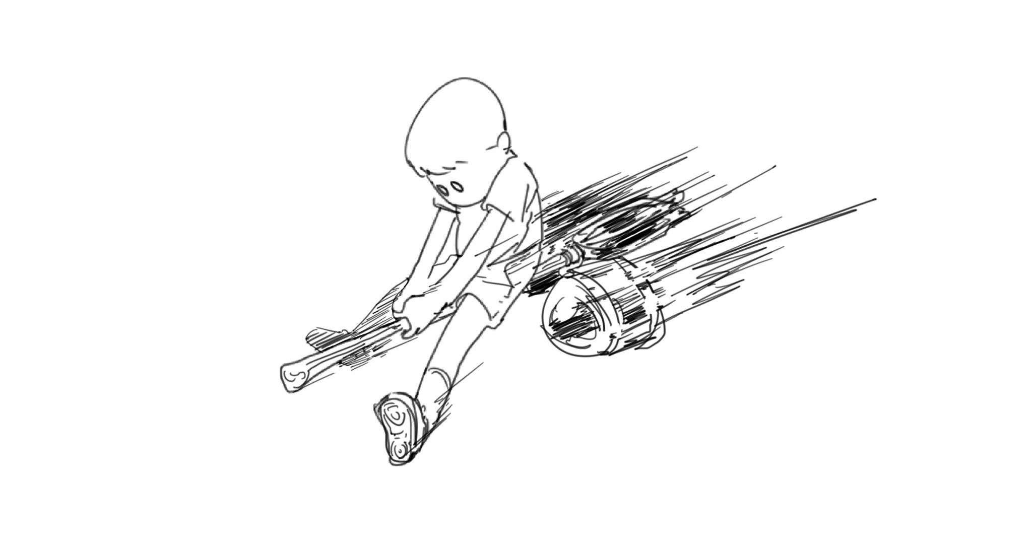 Ink illustration of a boy flying on a jet engine-powered broom
