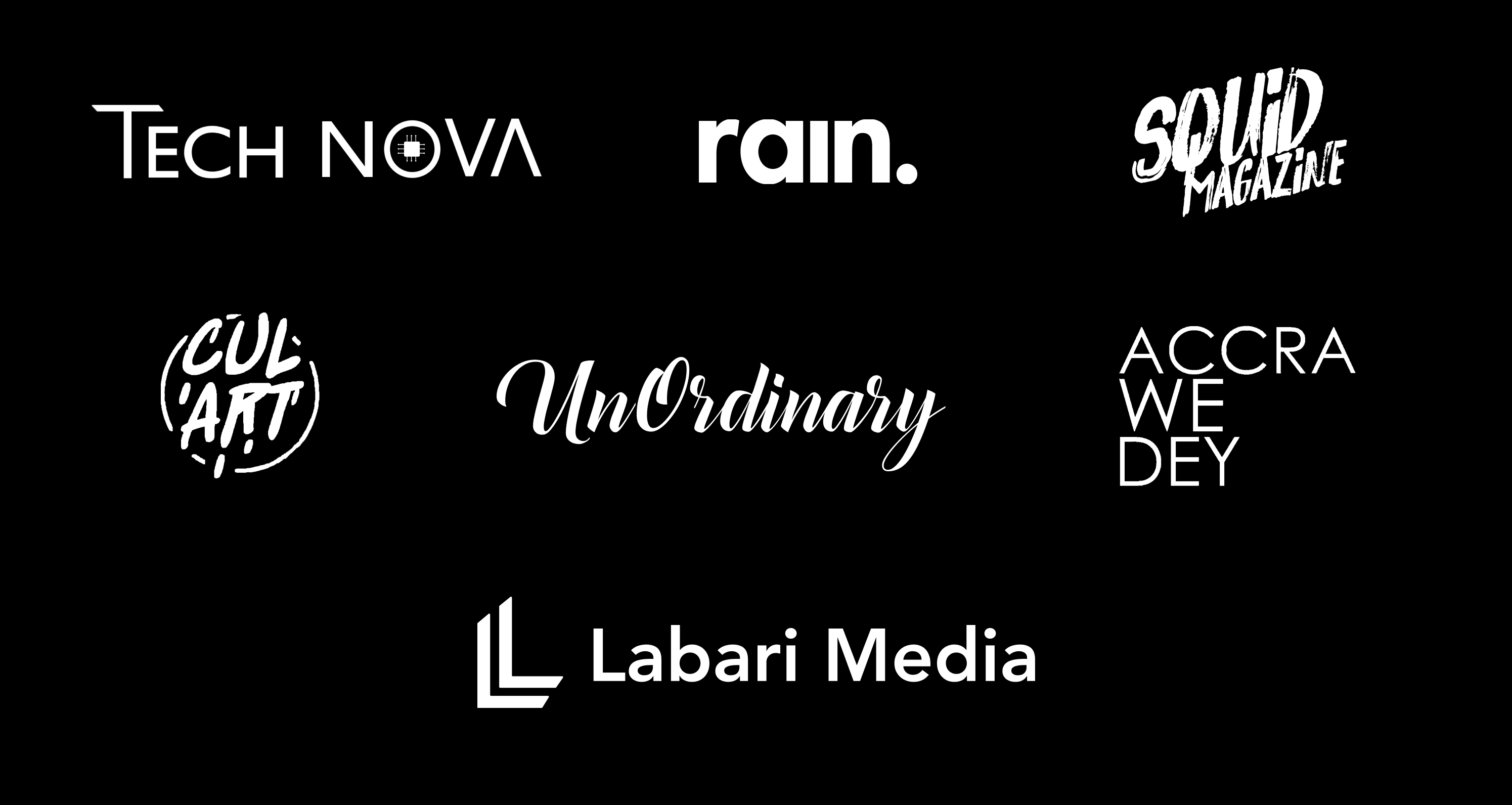 A banner showing all the different organizations under Labari Media Group, namely Tech Nova, Harmattan Rain, Squid Magazine, Accra We Dey, Unordinary and CulArt Blog